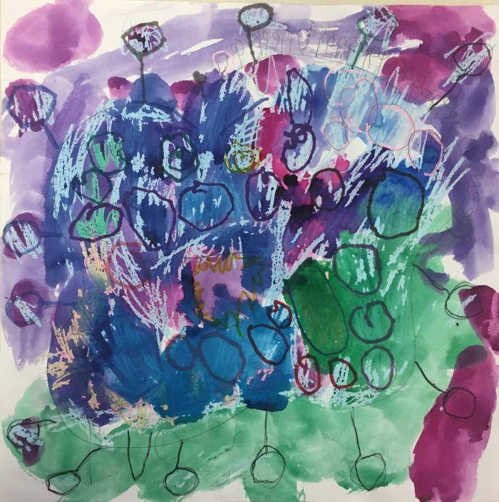 Watercolor painting by kindergartner, Evangelina F. from Coit Creative Arts Academy in Grand Rapids depicting her interpretation of a germ.